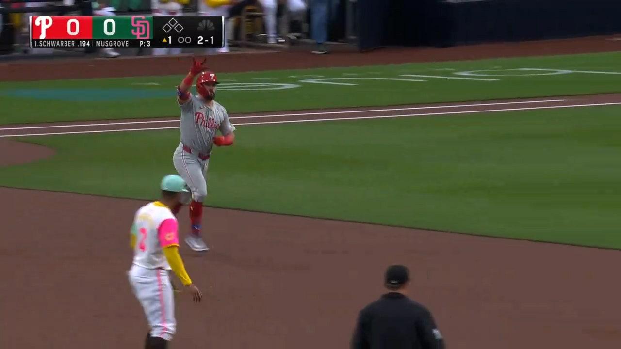 
					Phillies' Kyle Schwarber crushes a solo home run, his 100th with Philadelphia, against Padres
				